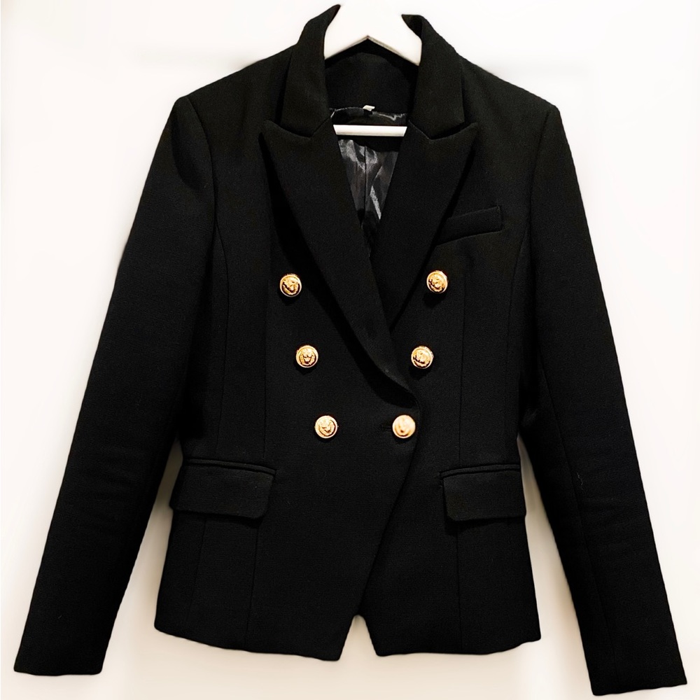 NEW WOMEN BLACK WITH GOLD BUTTON BLAZER Balmain Style inspired Size M